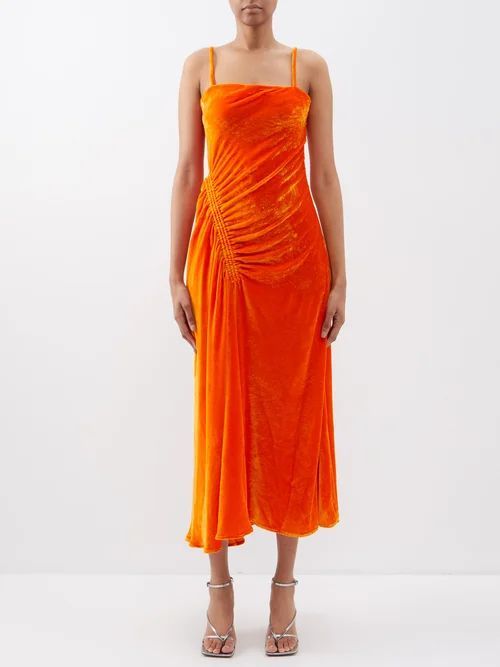 Ruched Velvet Midi Dress - Womens - Orange