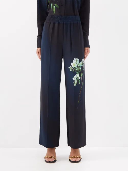 Floral-print Crepe Straight-leg Trousers - Womens - Navy Black