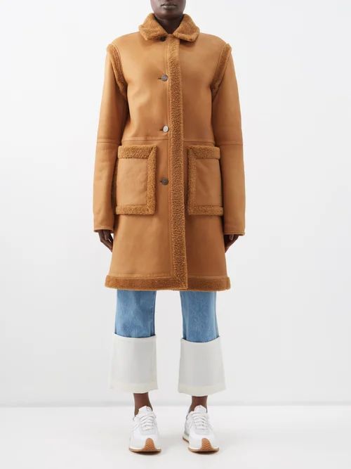 Shearling-trimmed Leather Coat - Womens - Camel