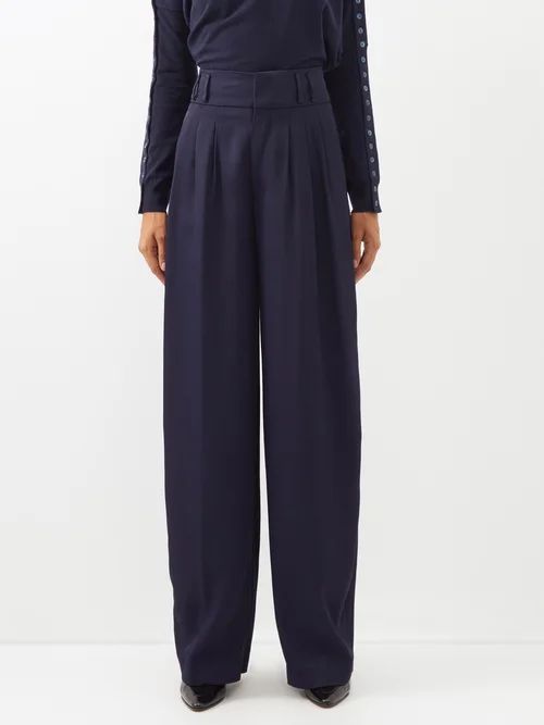 Tyr Pleated Twill Wide-leg Trousers - Womens - Navy