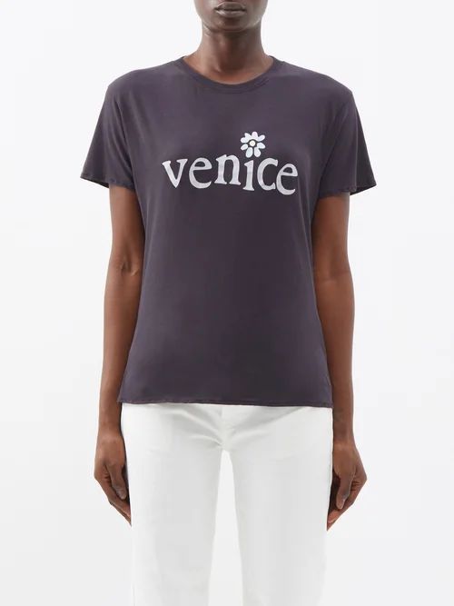 Venice-print Cotton-jersey T-shirt - Womens - Black White
