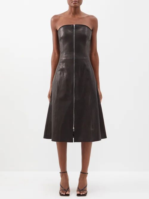Valerie Zip-front Strapless Leather Midi Dress - Womens - Black