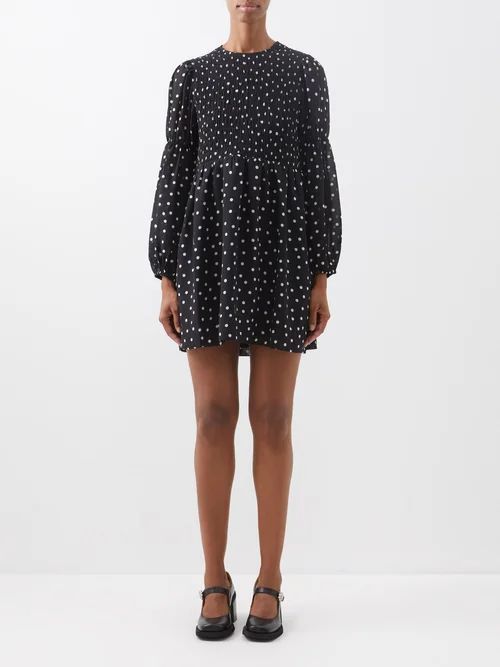 Polka-dot Smocked Recycled-crepe Mini Dress - Womens - Black