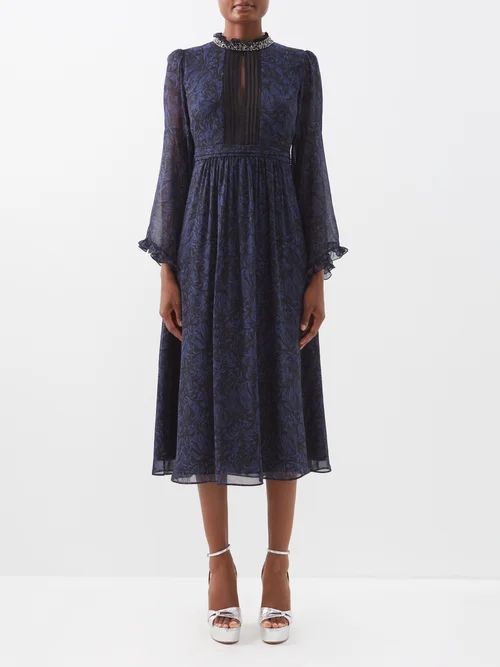 Hope Beaded-collar Floral-print Silk Dress - Womens - Navy