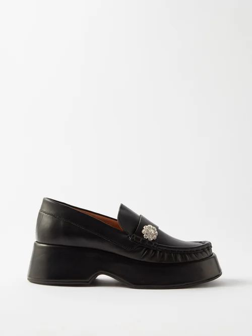 Crystal-embellished Leather Flatform Loafers - Womens - Black