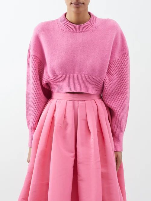 Balloon-sleeve Cropped Wool Sweater - Womens - Pink