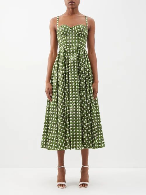 Treillage-print Cotton Bustier Dress - Womens - Green White