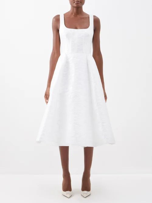 Square-neck Floral-jacquard Dress - Womens - White