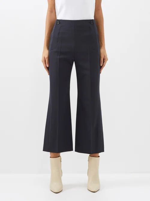 Cropped Flared Wool-blend Tailored Trousers - Womens - Dark Blue