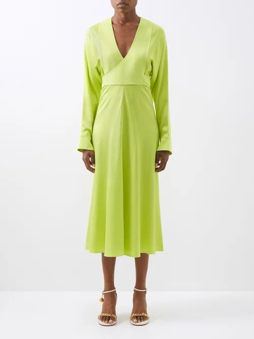 Cufflinked Crepe Wrap Dress - Womens - Bright Green