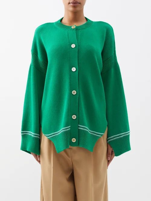 Oversized Logo-intarsia Cotton Cardigan - Womens - Green