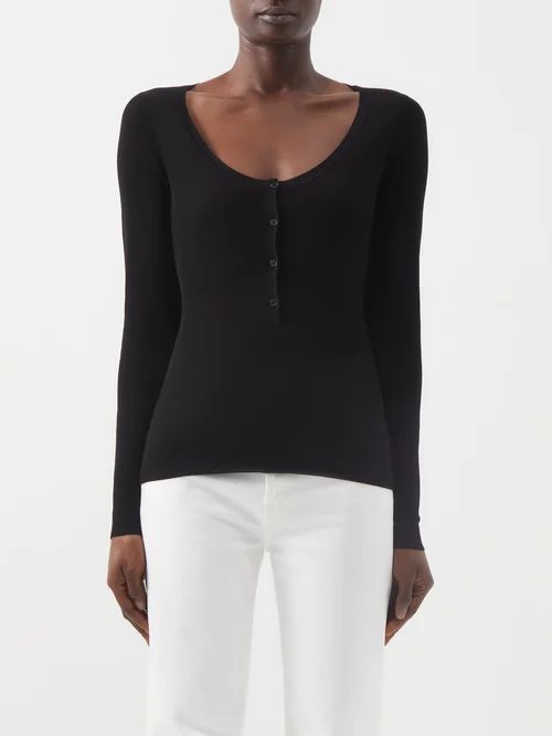 Maia Ribbed-knit Silk Henley Top - Womens - Black