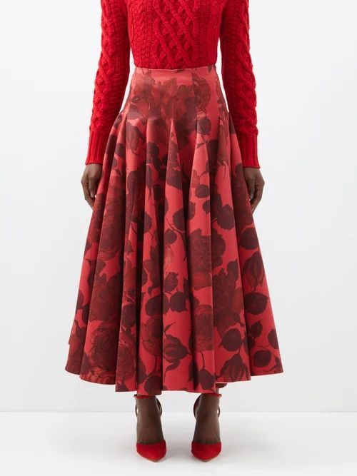 Vonda Rose-print Taffeta Skirt - Womens - Red Pink