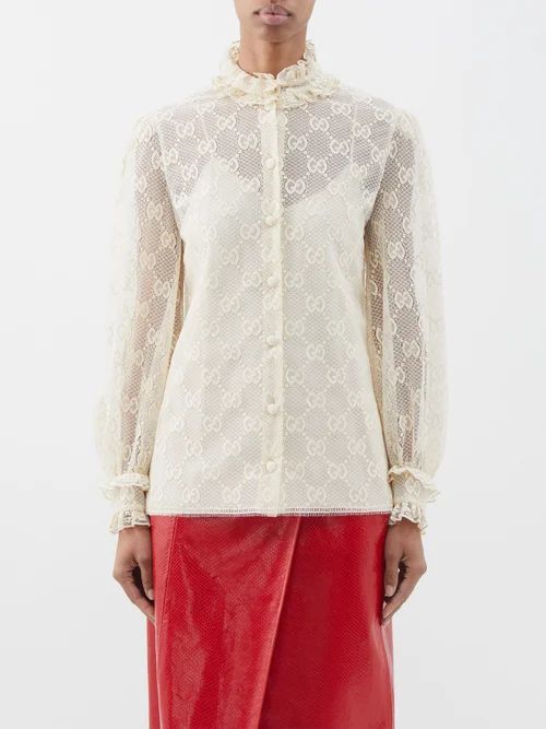GG-embroidered Lace Blouse - Womens - Cream