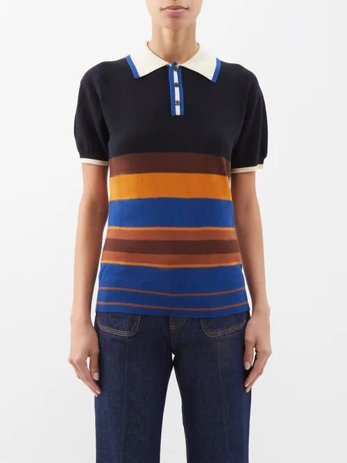 Striped Short-sleeve Cotton-piqué Polo Shirt - Womens - Black Blue