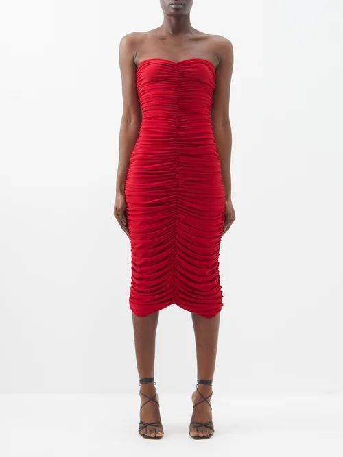 Off-the-shoulder Ruched Jersey Dress - Womens - Red