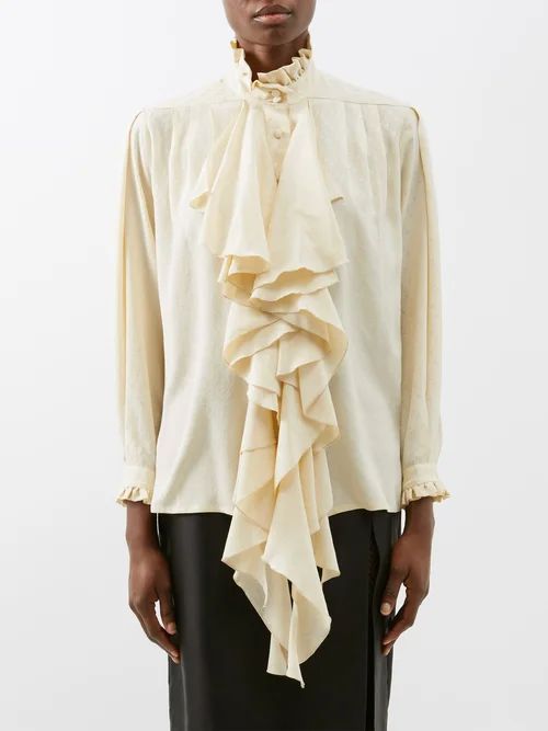Ruffled Jacquard Silk Shirt - Womens - Cream