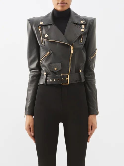 Exaggerated-shoulder Leather Biker Jacket - Womens - Black