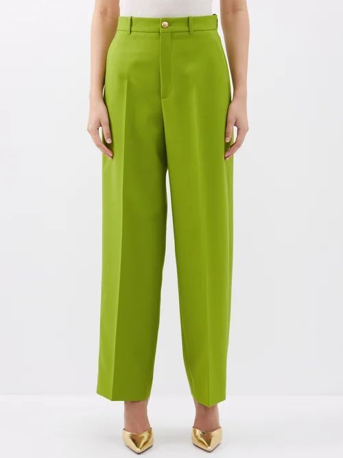 High-waist Drill Wide-leg Trousers - Womens - Green