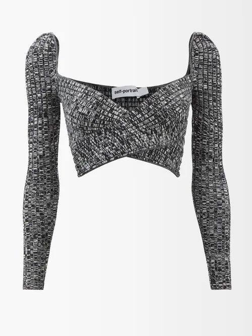 Crossover-front Ribbed-knit Cropped Top - Womens - Black White