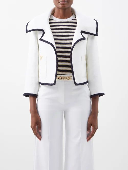 Oversized-lapel Cropped Tweed Jacket - Womens - White Navy