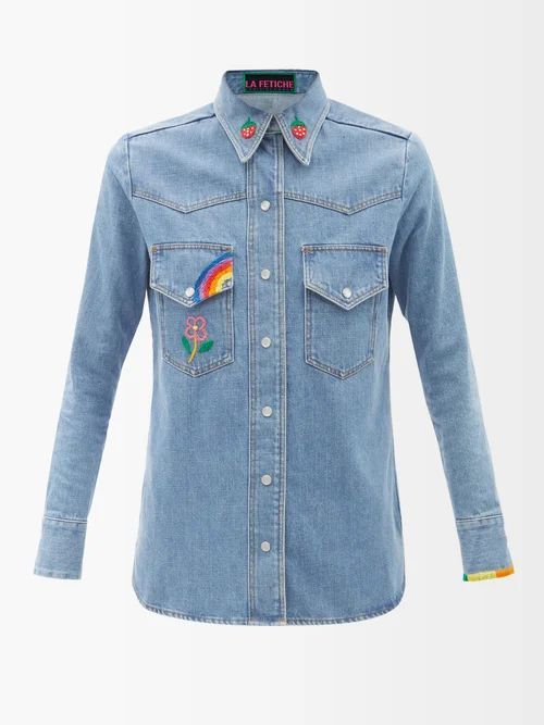 Ono Embroidered Denim Shirt Jacket - Womens - Mid Denim