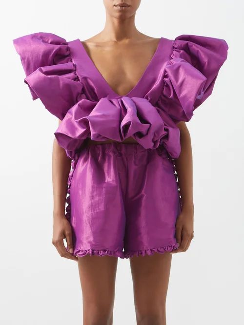 Nia Plunge-front Ruffled Silk-blend Taffeta Top - Womens - Dark Pink