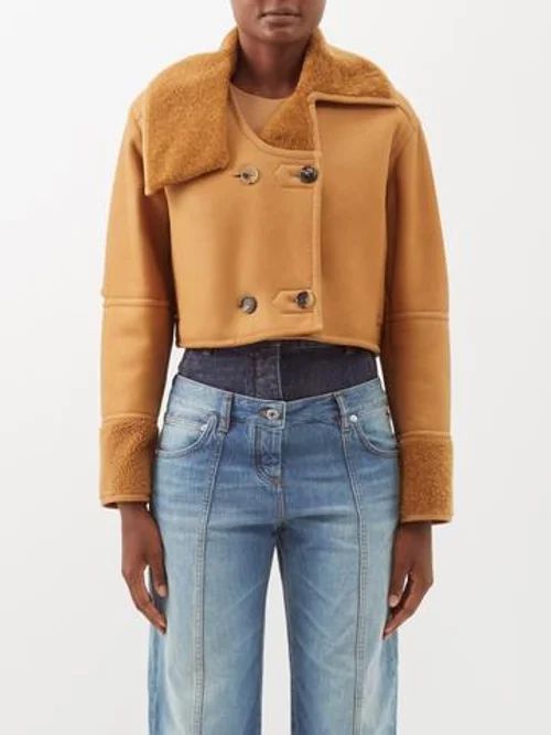 Elbow-slit Cropped Leather And Shearling Jacket - Womens - Camel