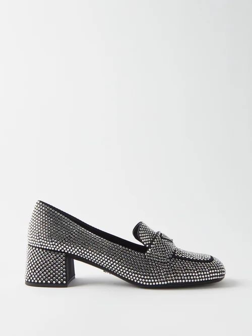 Crystal-embellished Block-heel Satin Loafers - Womens - Crystal Silver