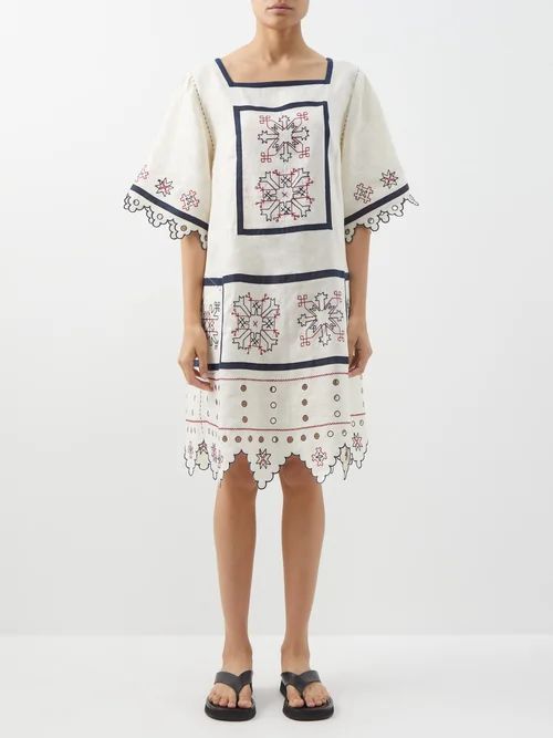 Inga Embroidered Linen Dress - Womens - Cream Multi