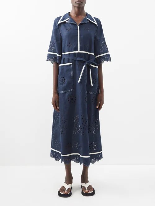 Rebecca Broderie-anglaise Linen Dress - Womens - Navy Multi