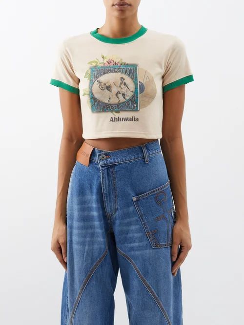 Power-print Cotton-blend Cropped T-shirt - Womens - Beige