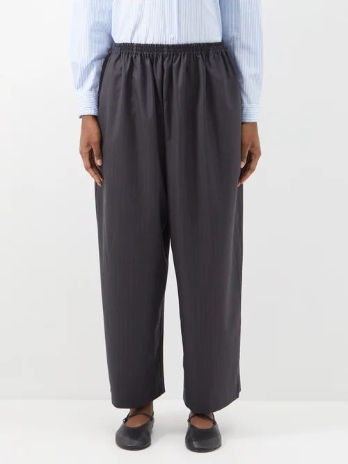 Pinstriped Wool Wide-leg Trousers - Womens - Dark Grey