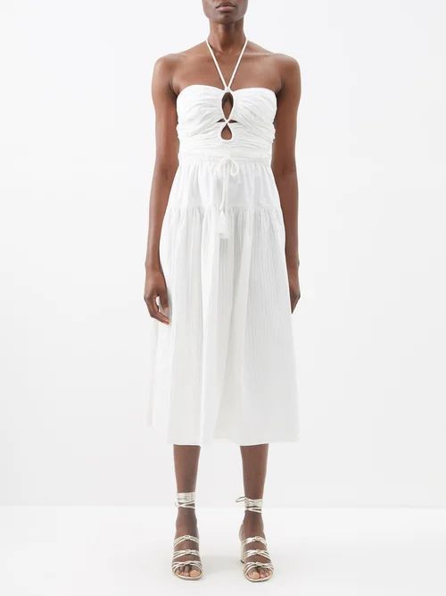 Emmaline Halterneck Pleated-cotton Midi Dress - Womens - Optical White