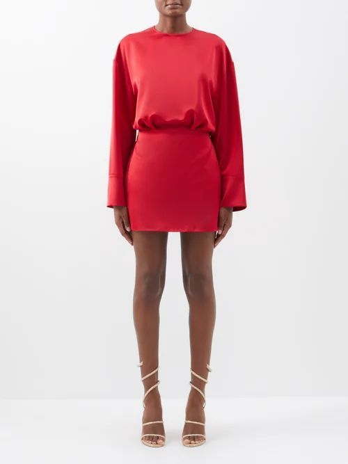 Long-sleeved Satin Mini Dress - Womens - Red