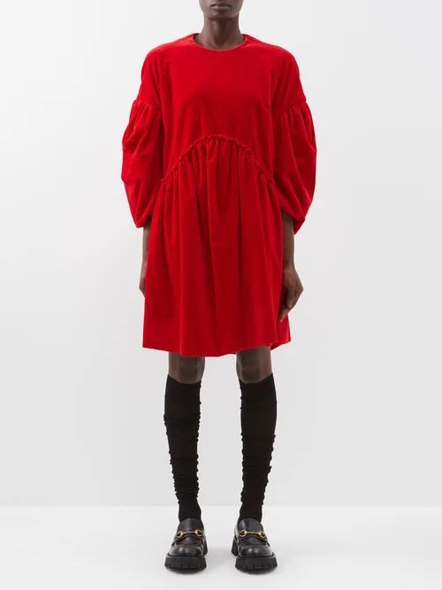 Puff-sleeve Cotton-velvet Dress - Womens - Red