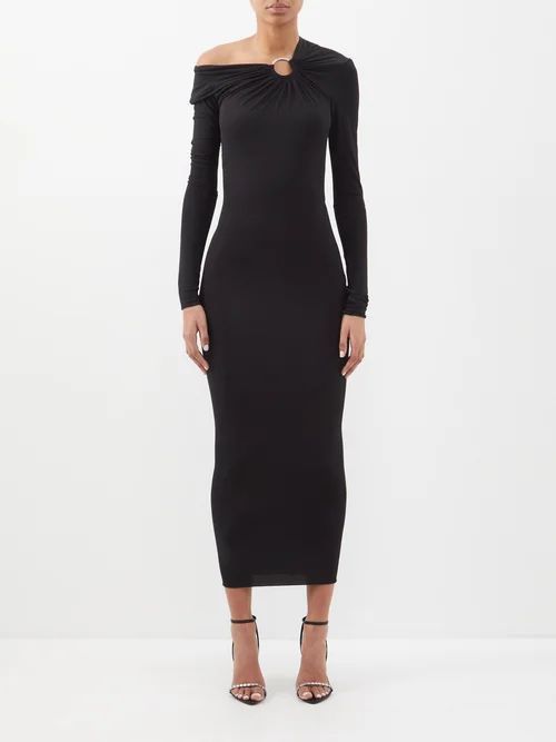 One-shoulder Jersey Midi Dress - Womens - Black