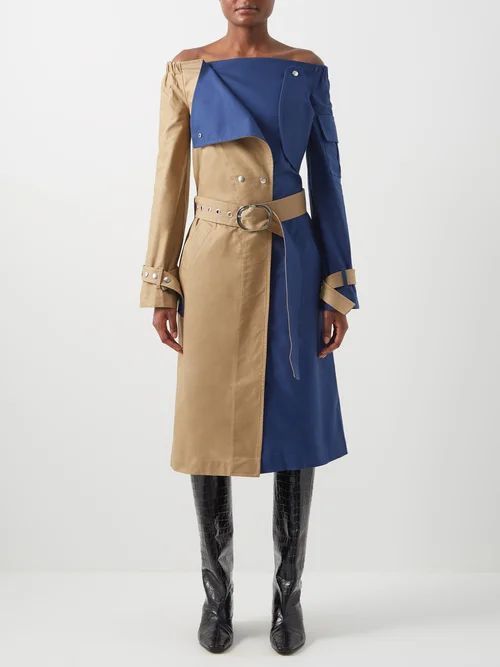 Colour-blocked Off-shoulder Trench-coat Dress - Womens - Blue Beige