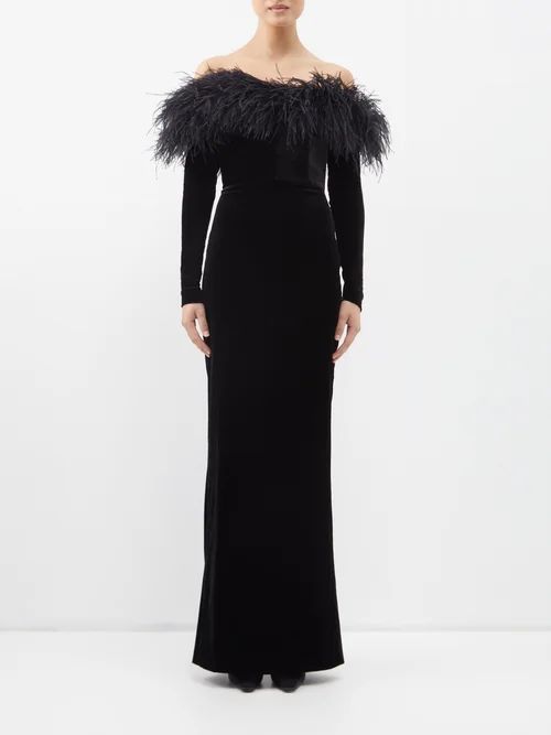 Off-the-shoulder Feather-trim Velvet Gown - Womens - Black