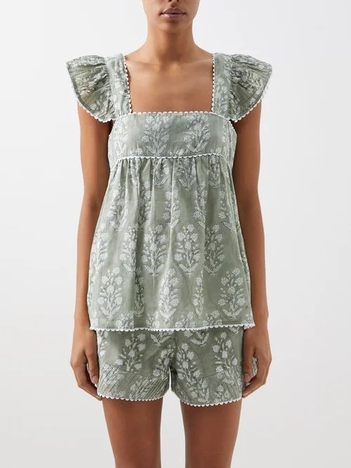 Floral-print Square-neck Cotton Baby Doll Top - Womens - Sage