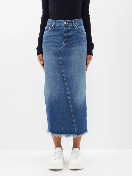 Split-back Organic-cotton Denim Skirt - Womens - Dark Blue