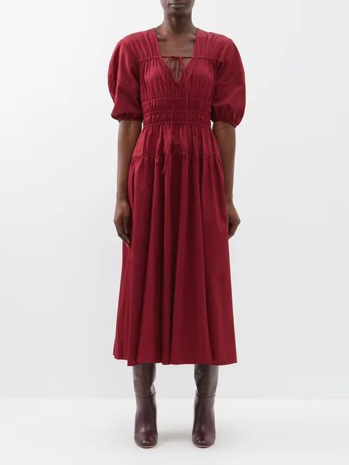 Structured Elasticated-waist Cotton Midi Dress - Womens - Burgundy