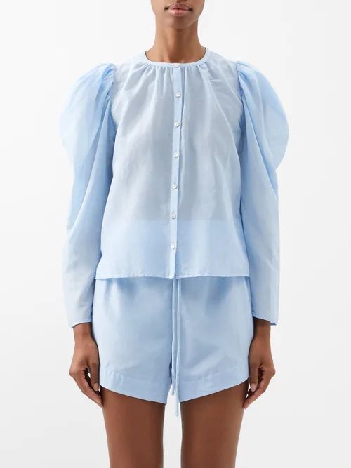 Winnie Collarless Cotton-blend Shirt - Womens - Light Blue