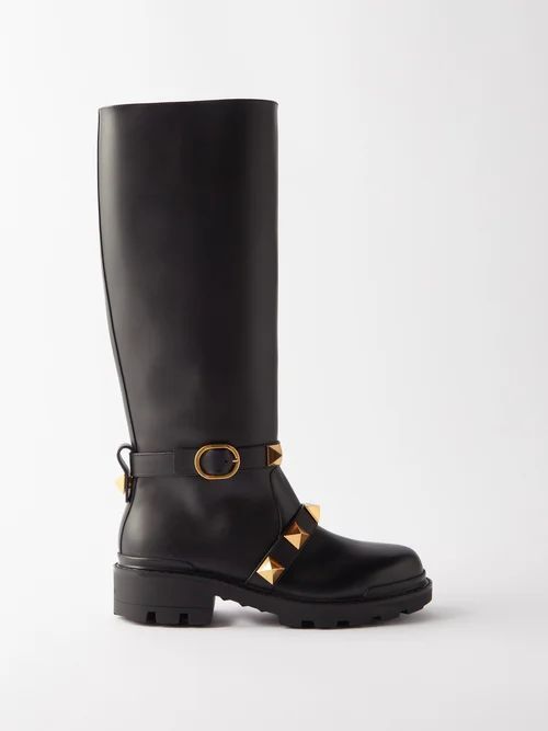 Roman Stud Leather Knee-high Boots - Womens - Black Gold