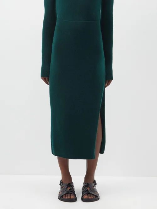 Side-slit Cashmere-blend Pencil Skirt - Womens - Dark Green
