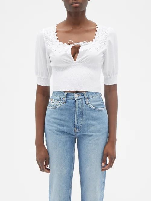 Tie-front Smocked Cotton Cropped Top - Womens - White