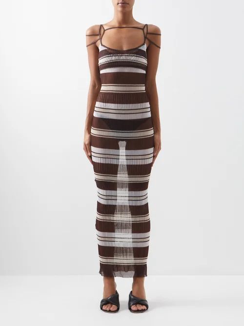 Sognu Striped Sheer-jersey Dress - Womens - Brown Multi