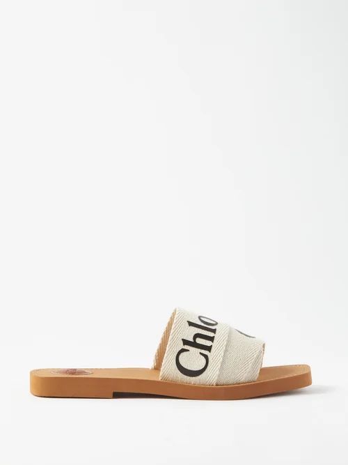Woody Canvas And Leather Slides - Womens - White Multi
