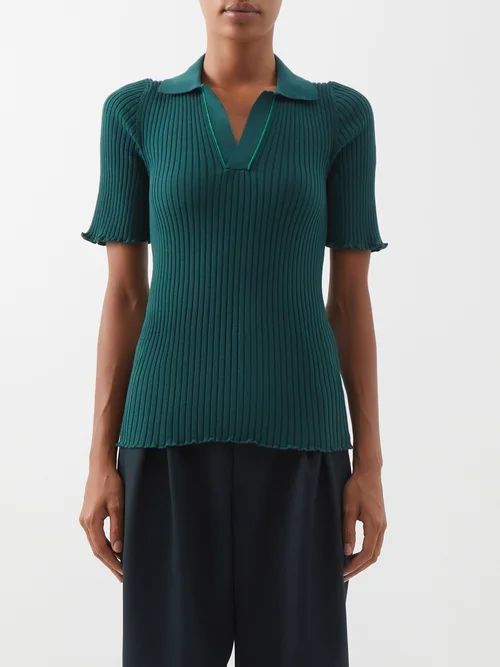 Topstitched Ribbed Cotton-jersey Polo Shirt - Womens - Dark Green