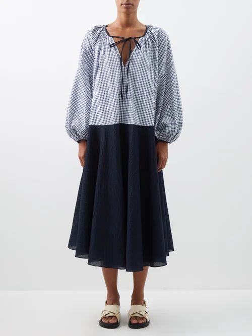 Olive Bi-colour Gingham Cotton Midi Dress - Womens - Navy